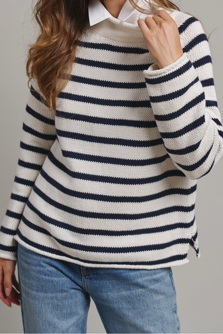 Navy Stripe Mock Neck Cotton Knit Sweater