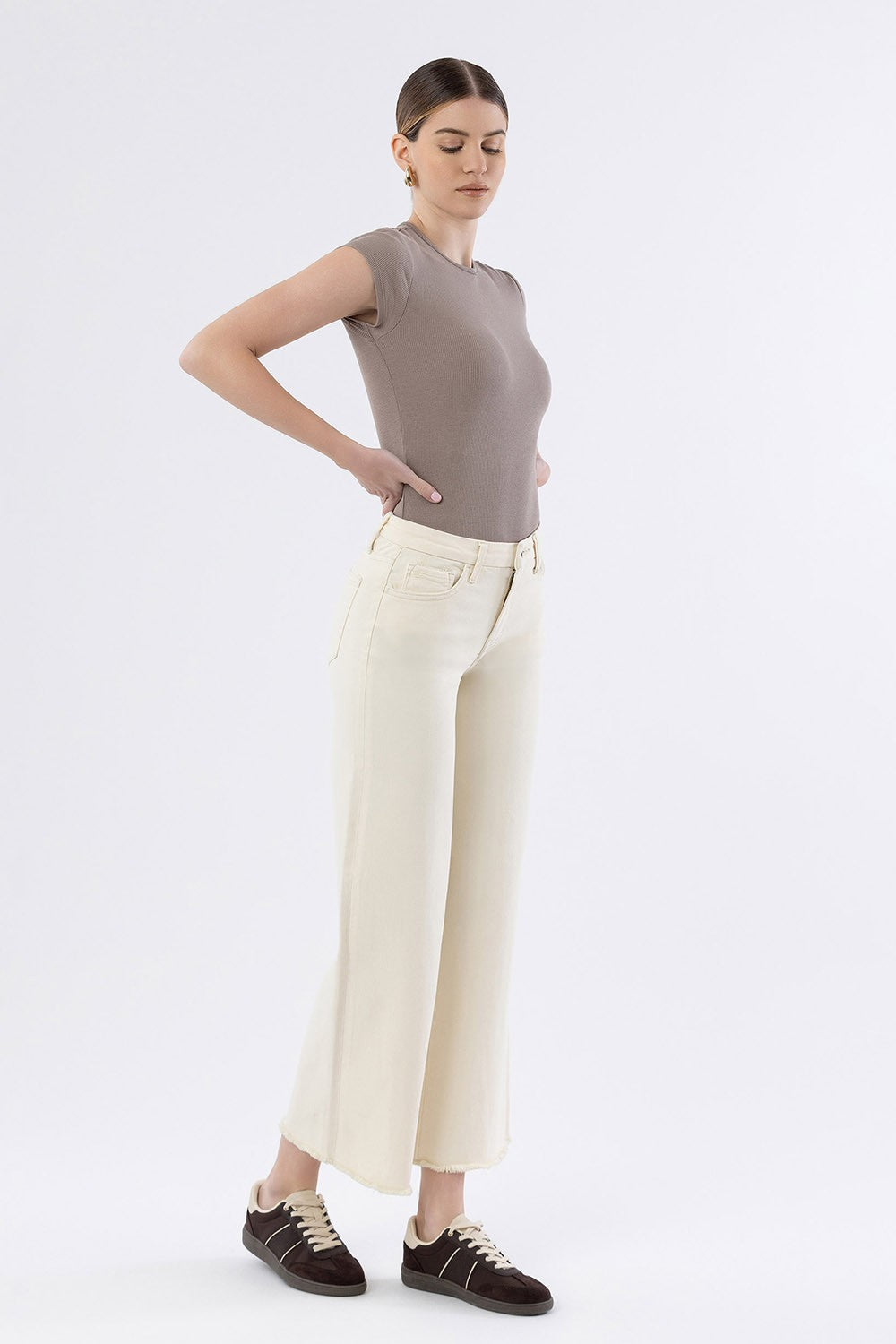 Ecru High Rise Wide Leg Jeans