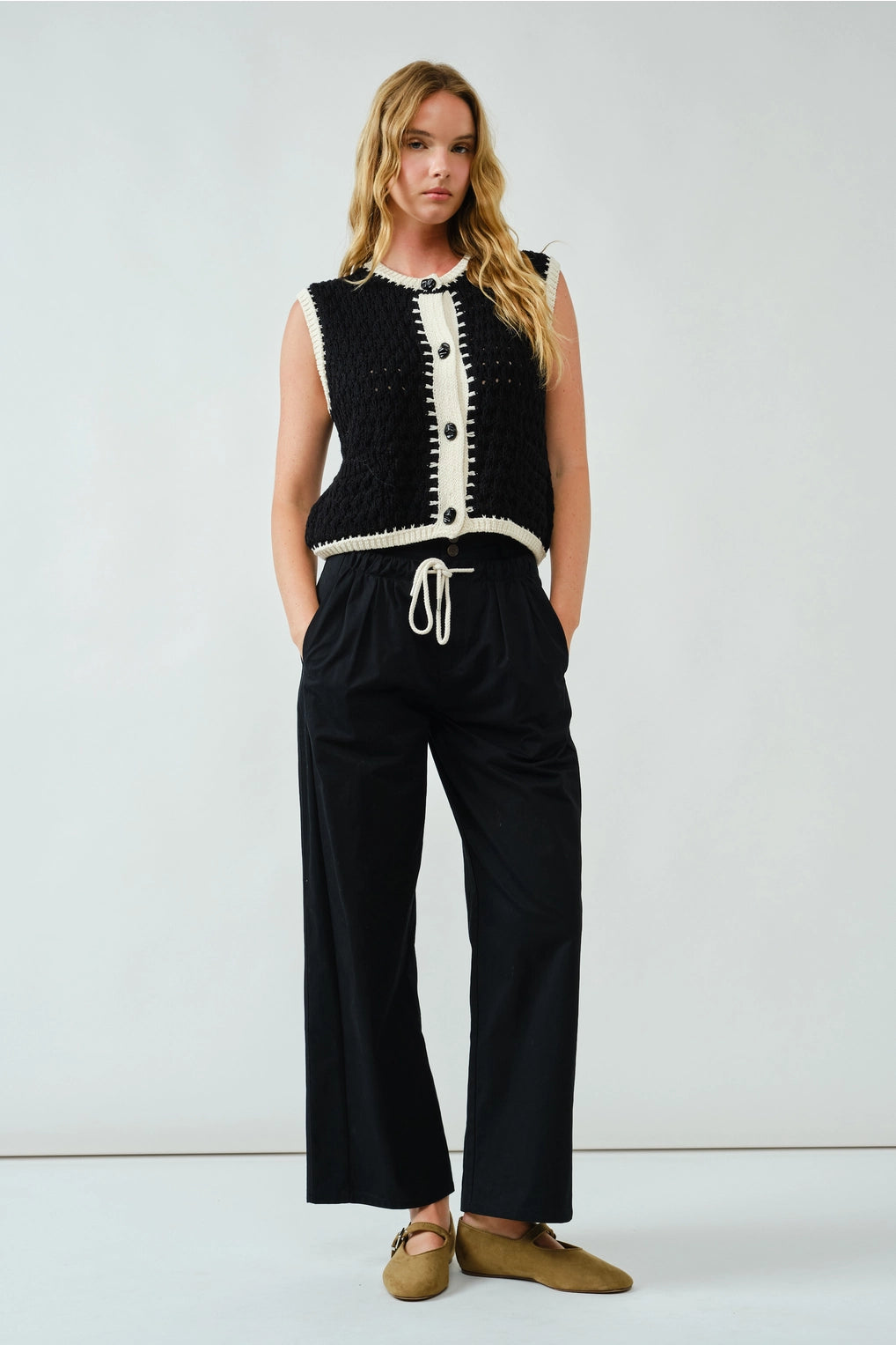 Black and White Knit Vest Top with Contrast Trim and Statement Buttons
