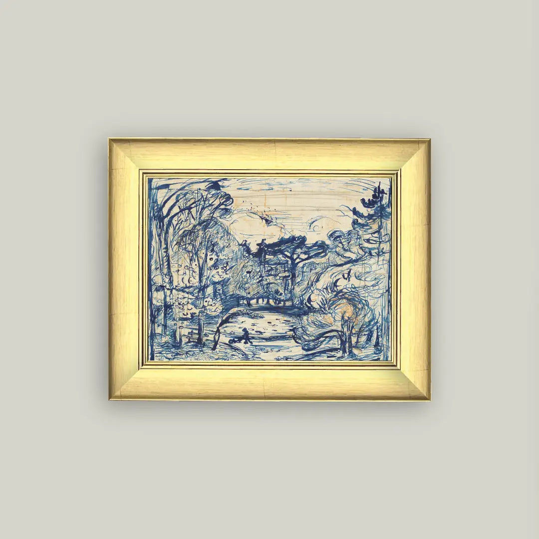 Framed artwork of a landscape with trees and people on a plain wall