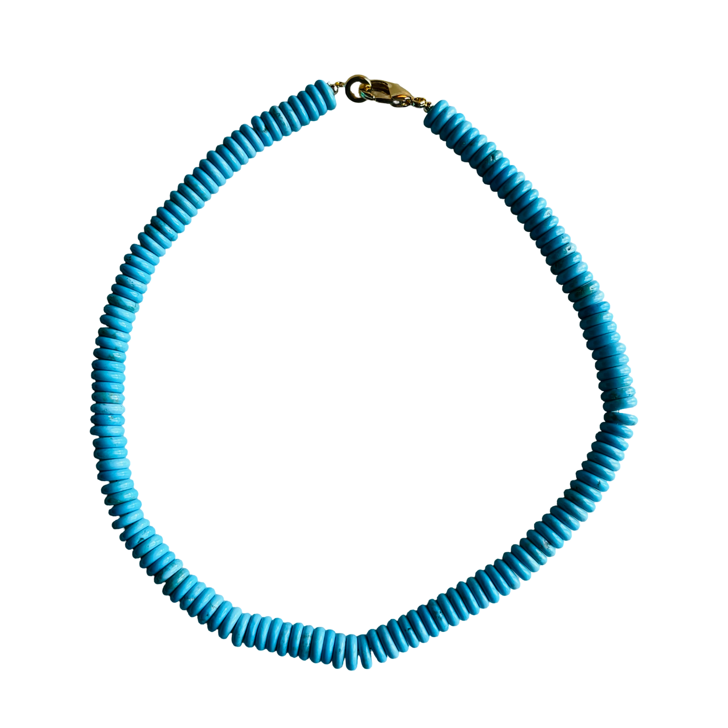 Turquoise beaded necklace with a gold clasp on a white background