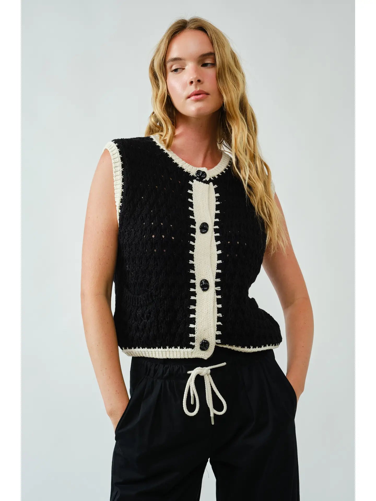 Black and White Knit Vest Top with Contrast Trim and Statement Buttons