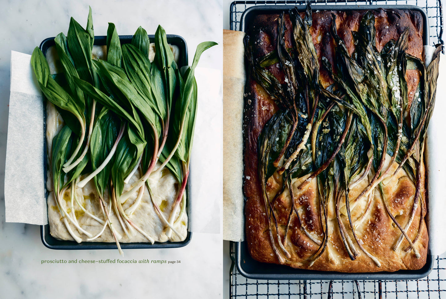 Baked focaccia with ramps on a cooling rack