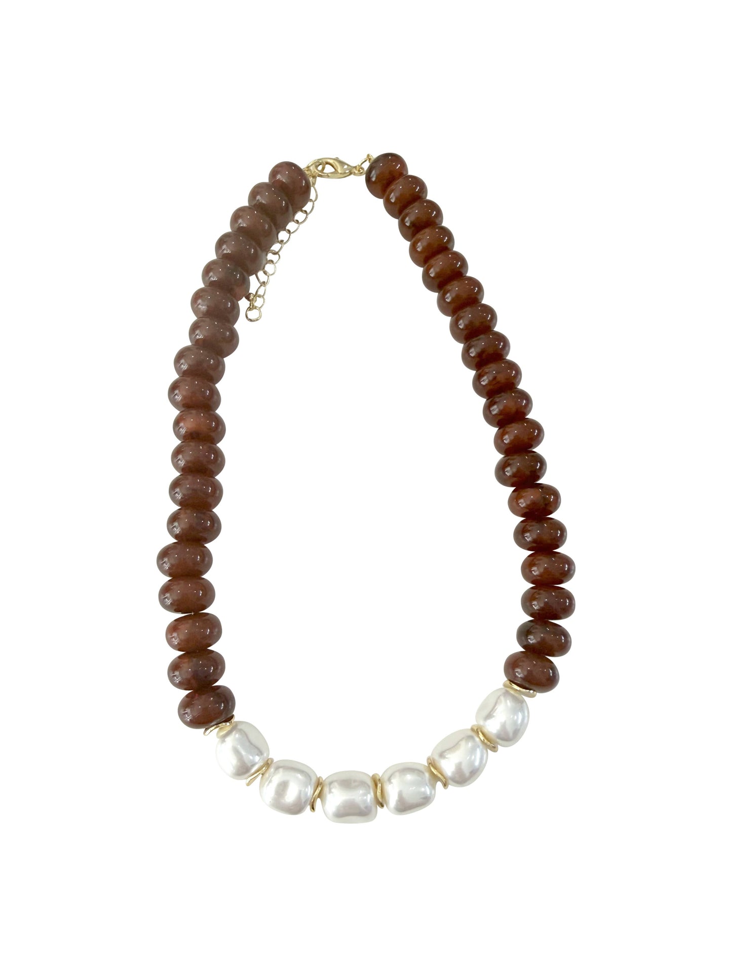 Necklace with brown beads and white pearls on a white background