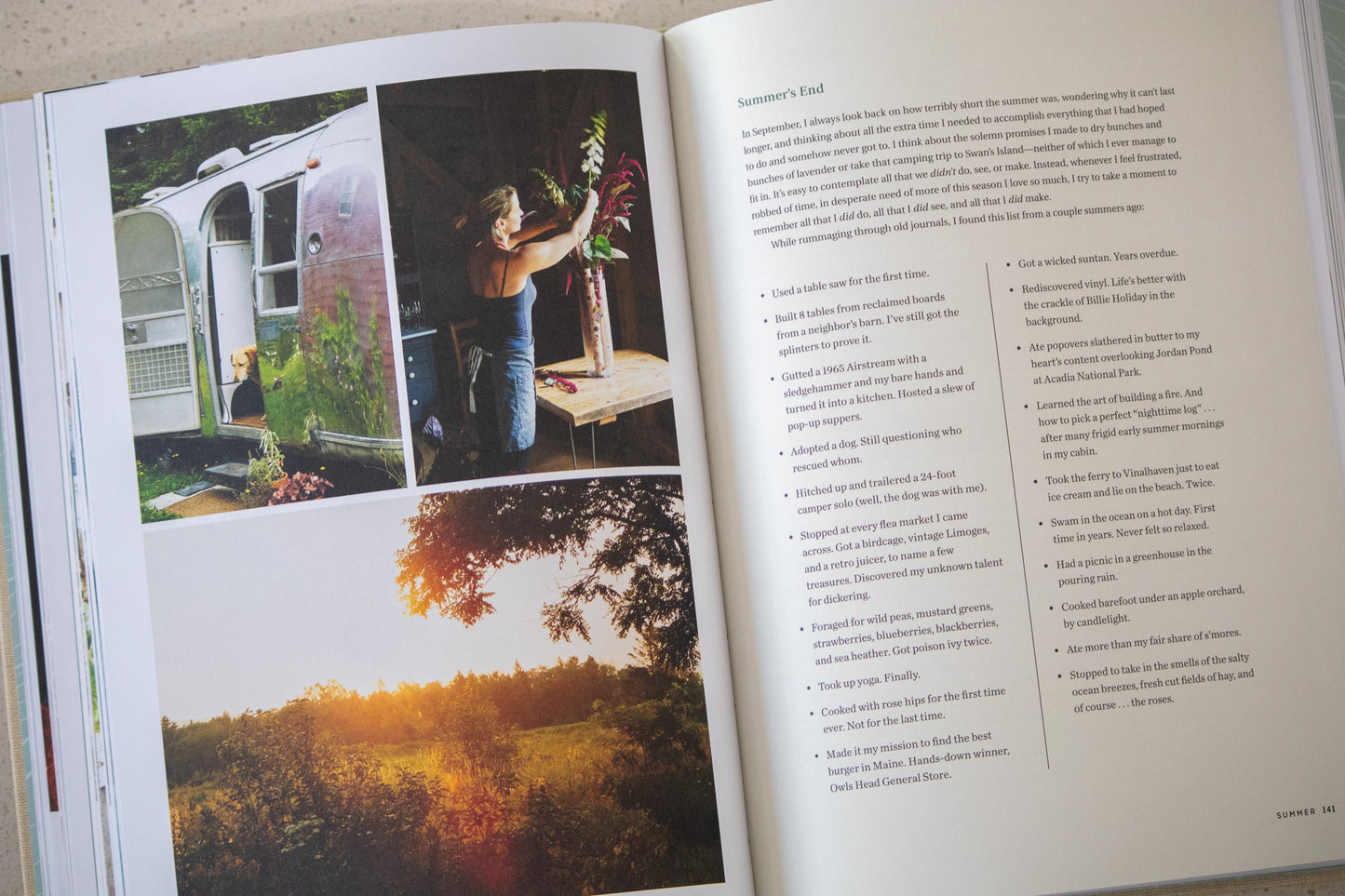 Open book with photos of a person working outdoors and a scenic landscape.