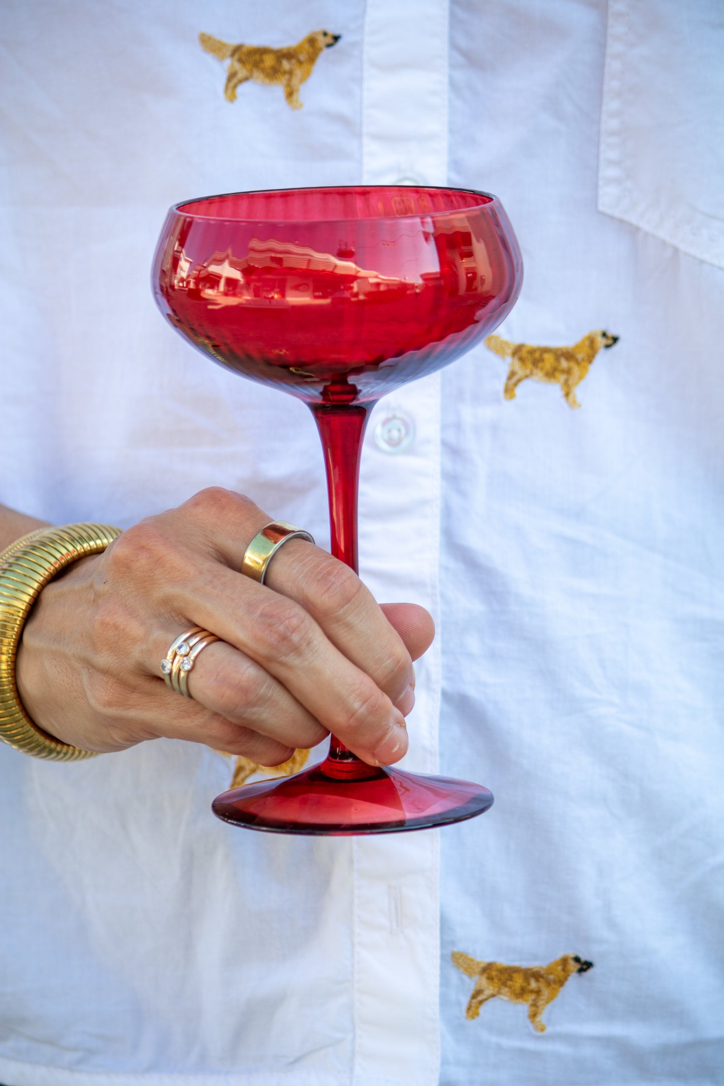 Red glass held by a hand with gold bangles against a white shirt with dog prints