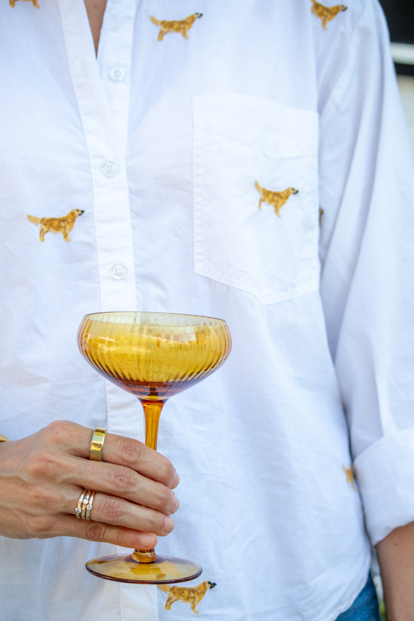 Person holding a yellow coupe glass against a white shirt with embroidered dog designs.
