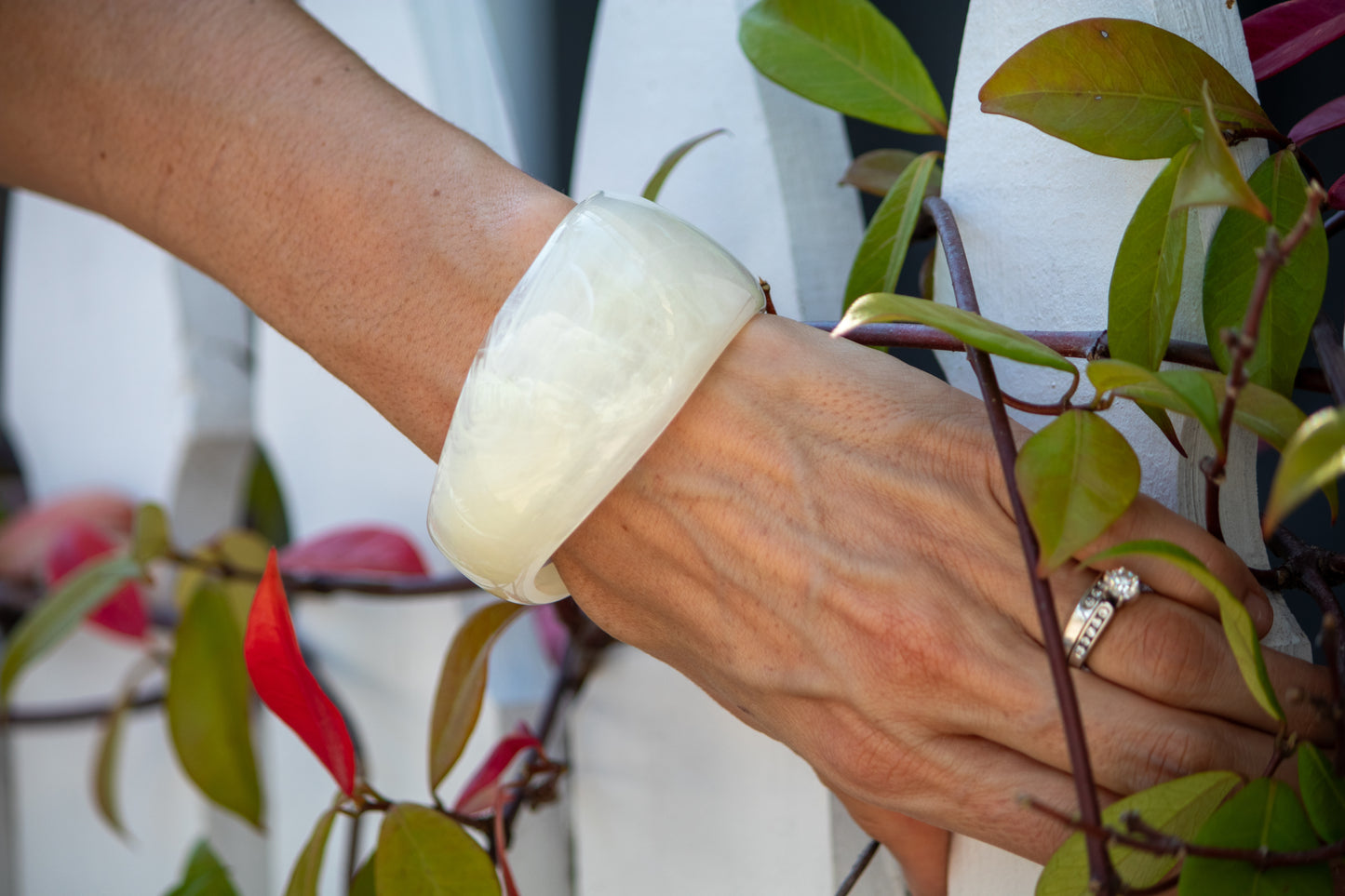 Hand wearing a white bracelet with a plant in the background