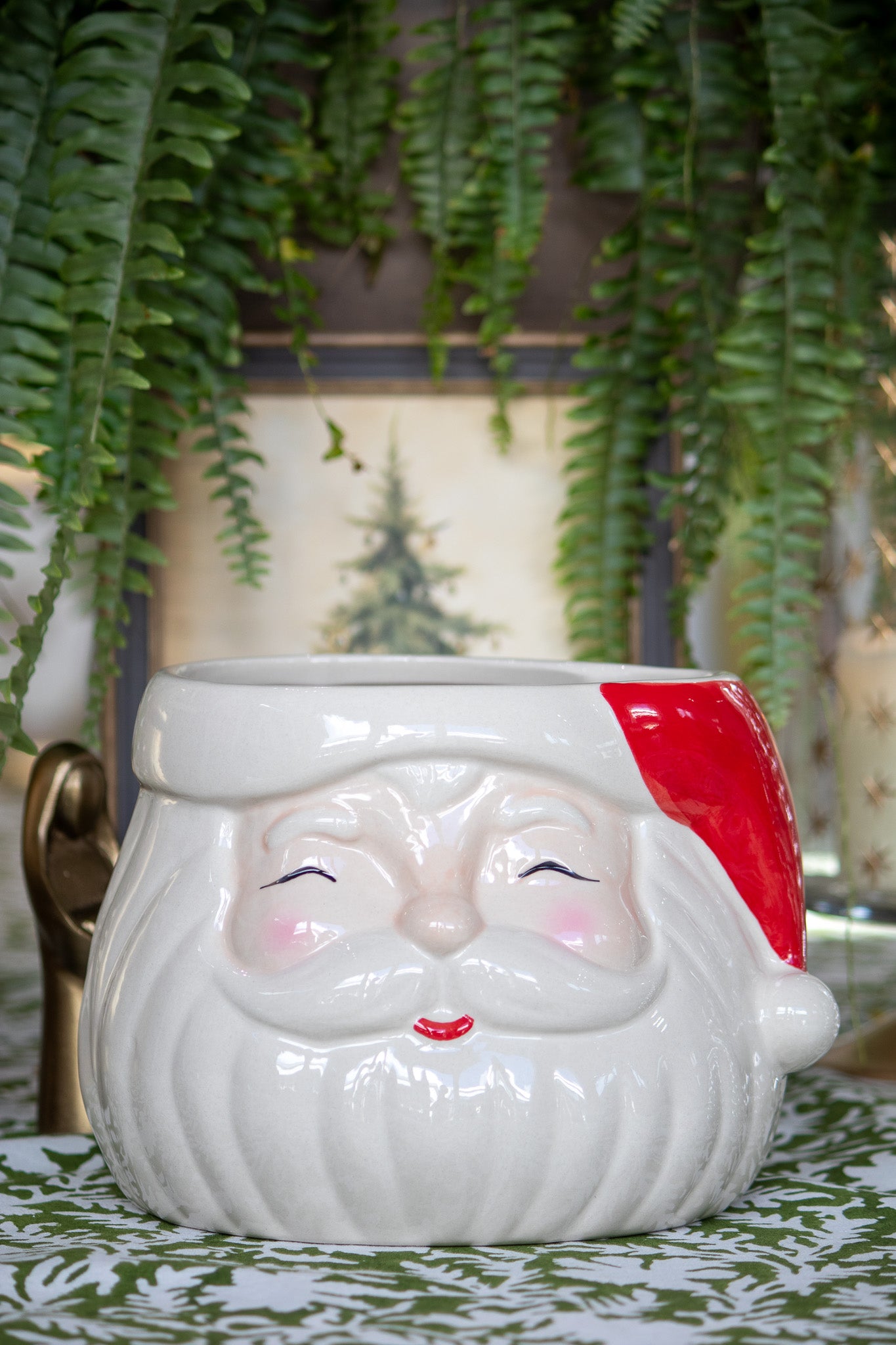 Santa Claus face planter with a red hat on a decorative surface with plants in the background.
