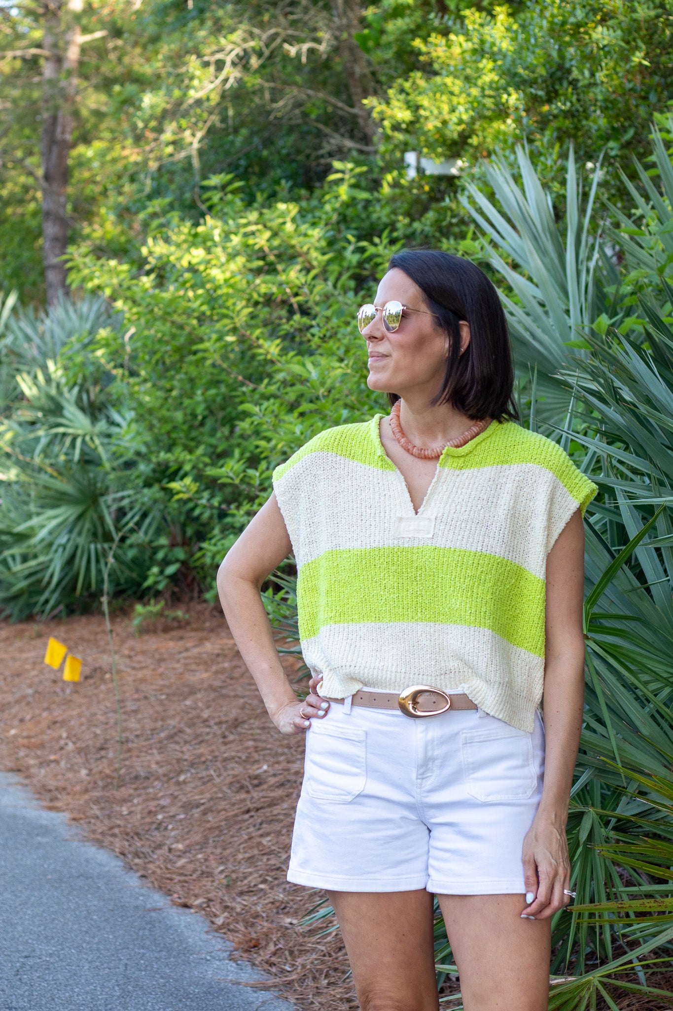 Lime and Ecru Striped Sleeveless Sweater