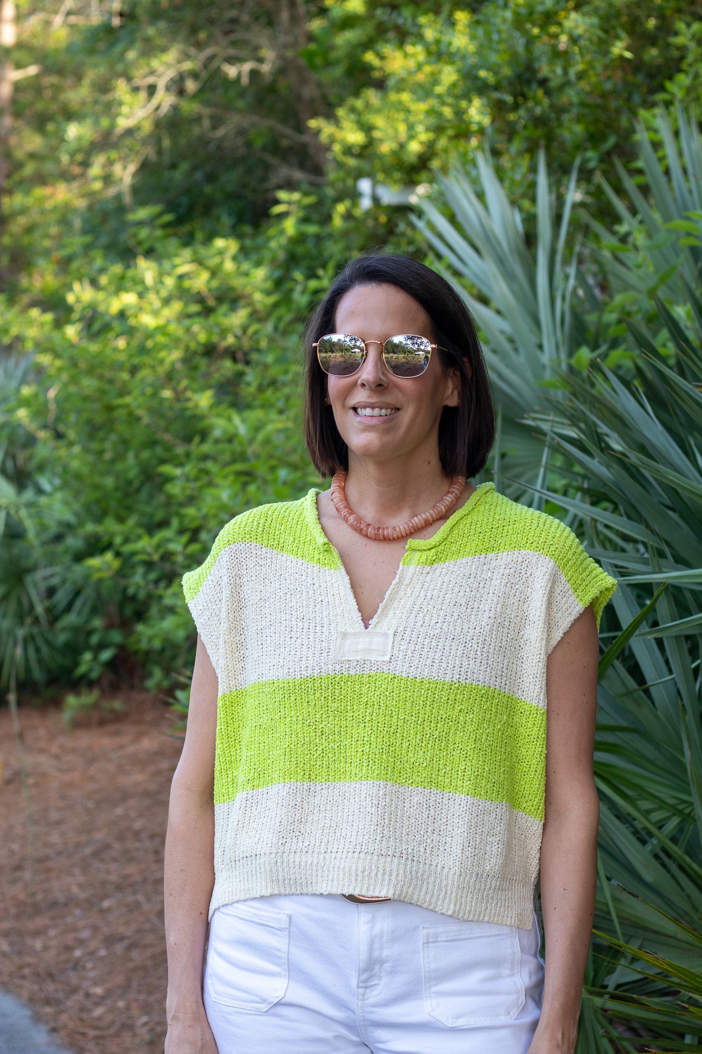 Lime and Ecru Striped Sleeveless Sweater