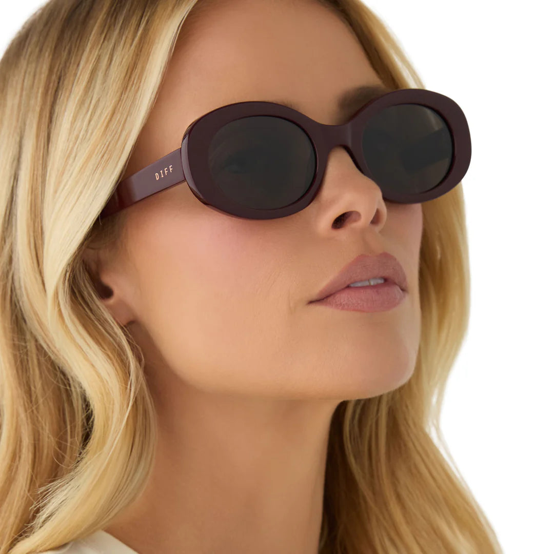 Close-up of a woman wearing dark sunglasses with a blurred background
