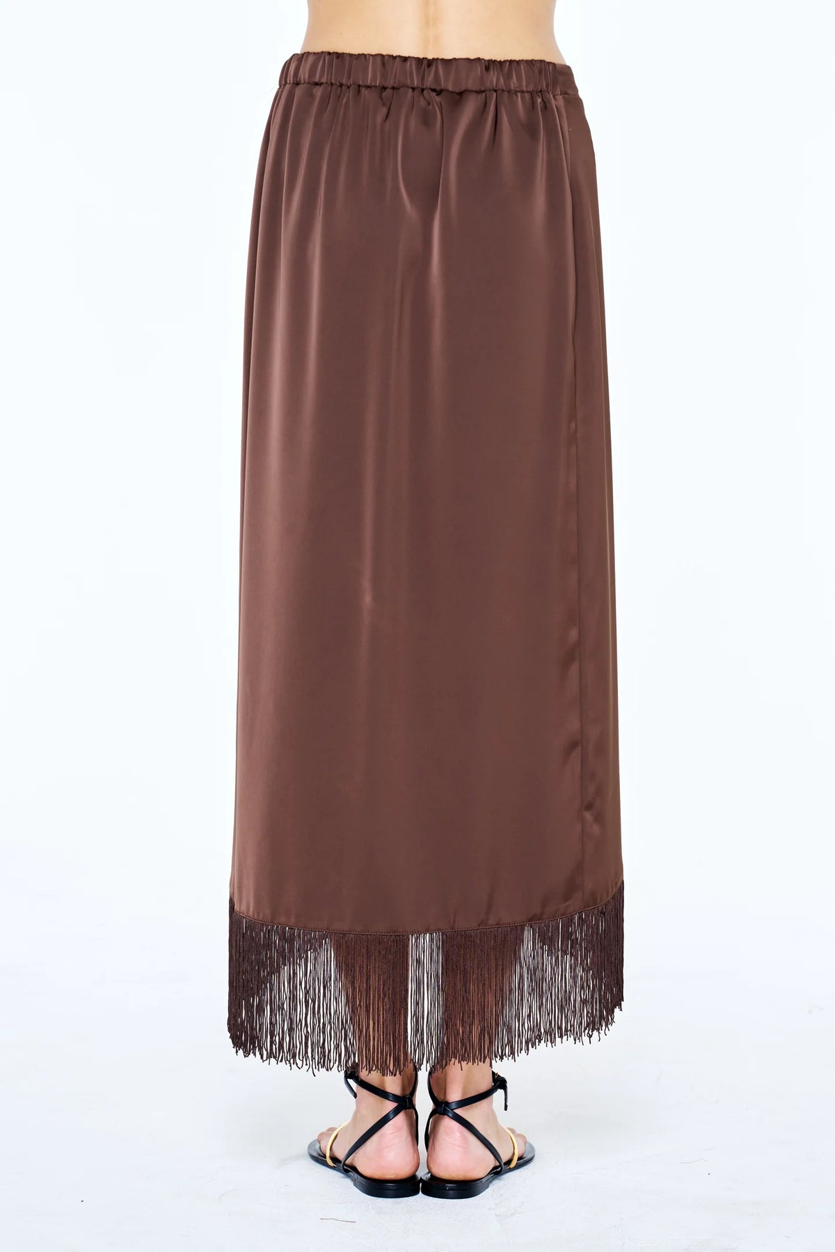 Enza Satin Fringe Midi Skirt In Chocolate