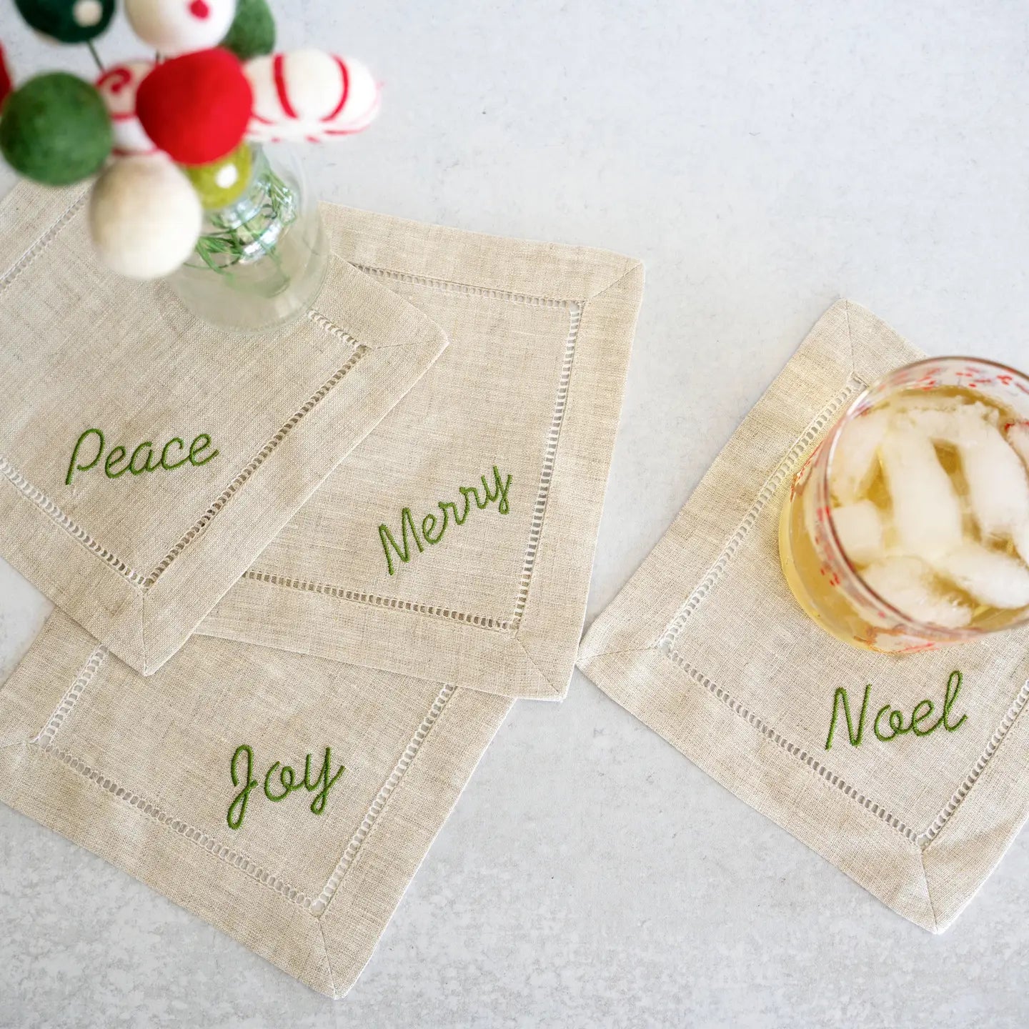 Peace, Joy, Merry, Noel Linen Coasters