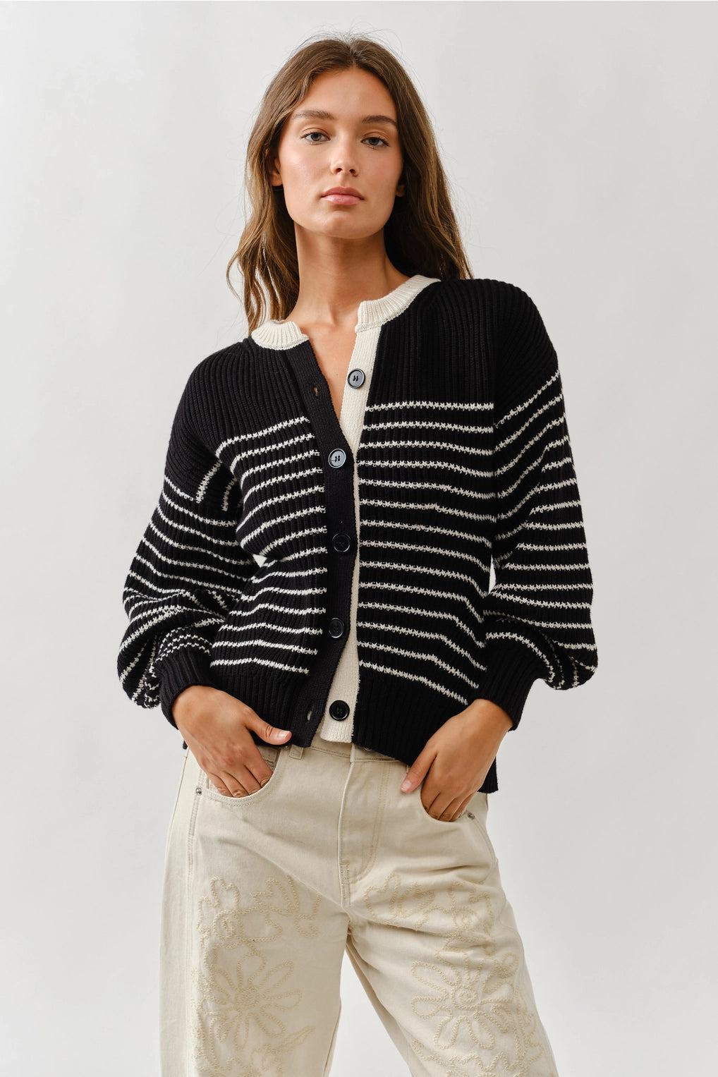 Black & White Striped Balloon Sleeve Cardigan