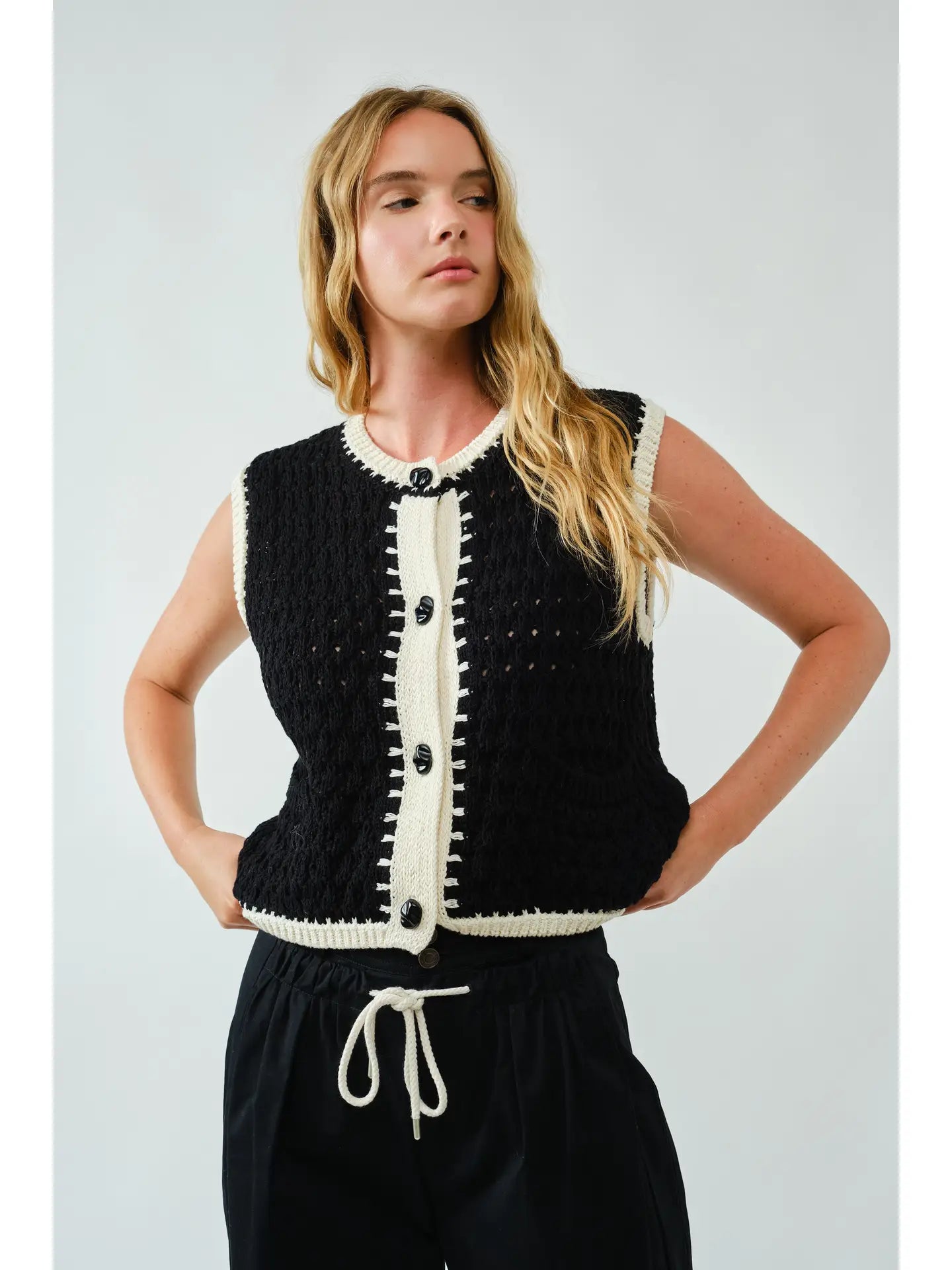 Black and White Knit Vest Top with Contrast Trim and Statement Buttons