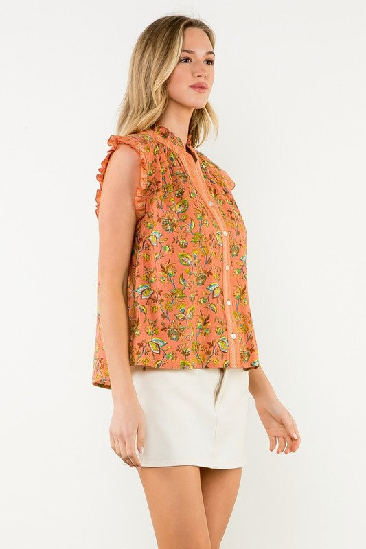 Coral Bloom Ruffle Sleeve top