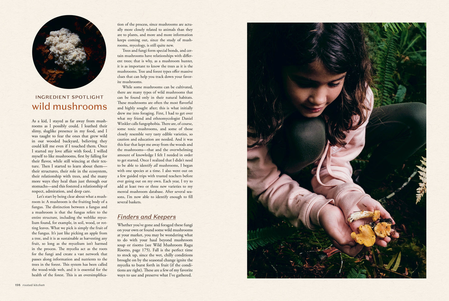 Magazine layout with text on the left and a photo of a child holding mushrooms on the right.