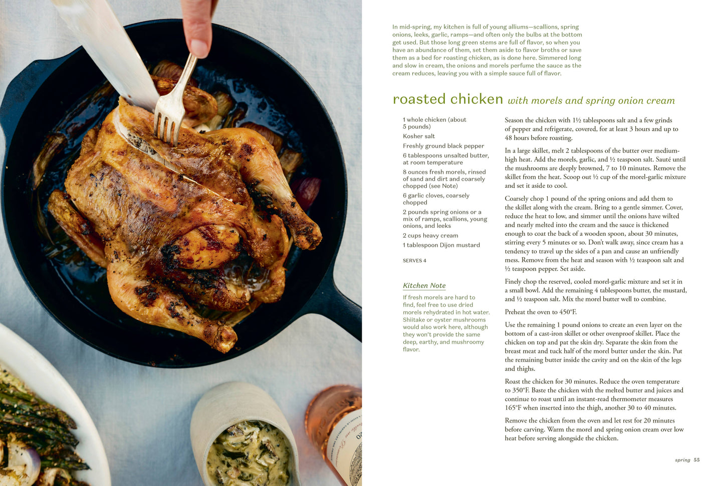 Roasted chicken in a pan with a fork, next to a recipe for roasted chicken with horseradish and spring onion cream.