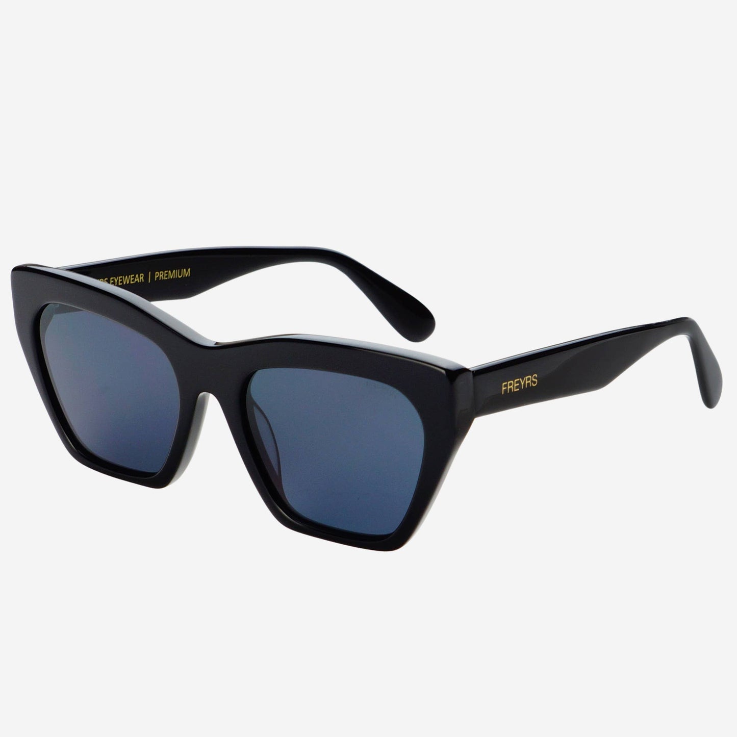 Black sunglasses with blue lenses on a white background