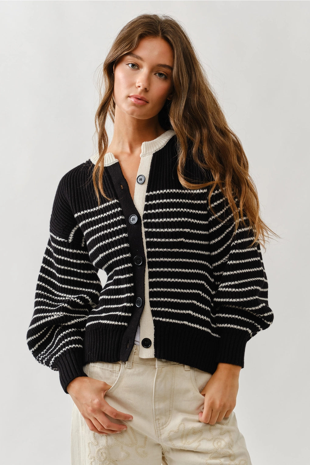 Black & White Striped Balloon Sleeve Cardigan