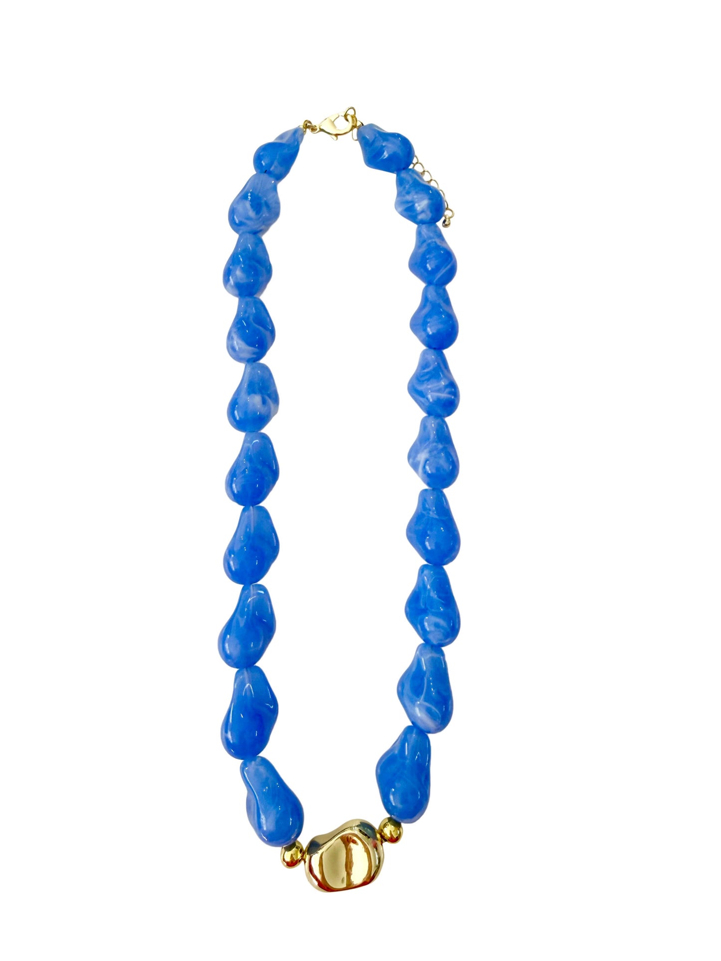 Blue beaded necklace with a gold clasp on a white background