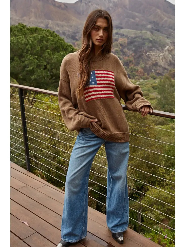 Olive Brown American Flag Knit Sweater