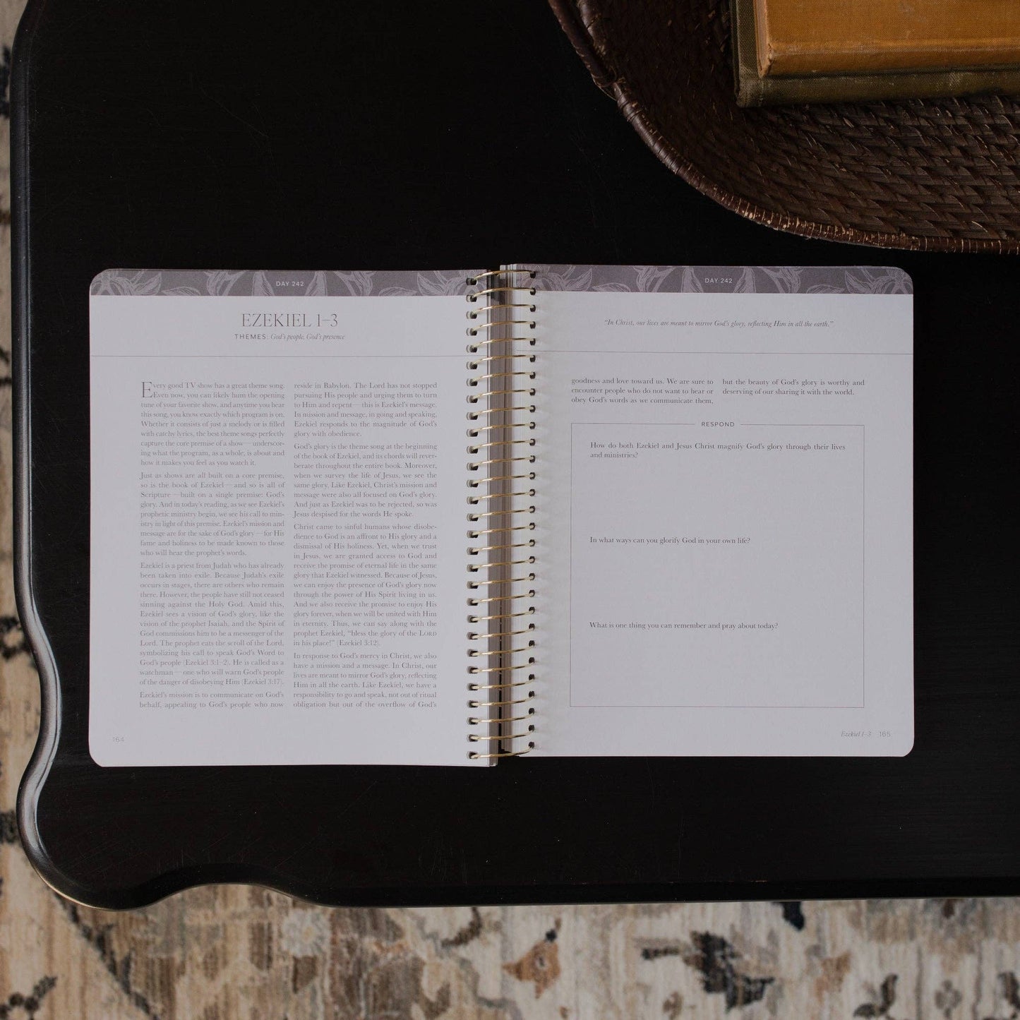 Open notebook with text on a dark surface