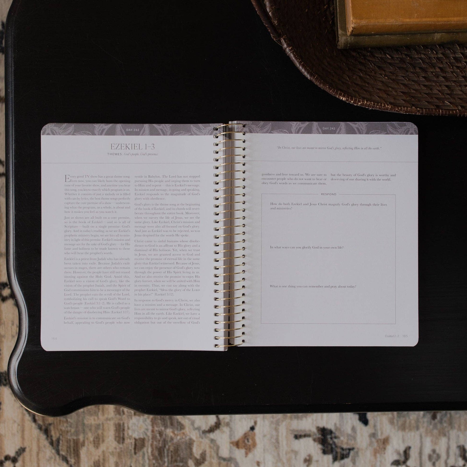 Open notebook with text on a dark surface