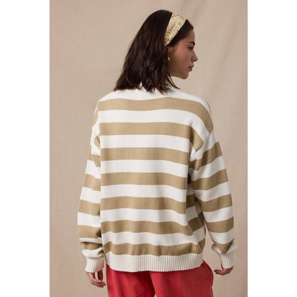 Harlow Tan Stripe Quarter Zip Sweater