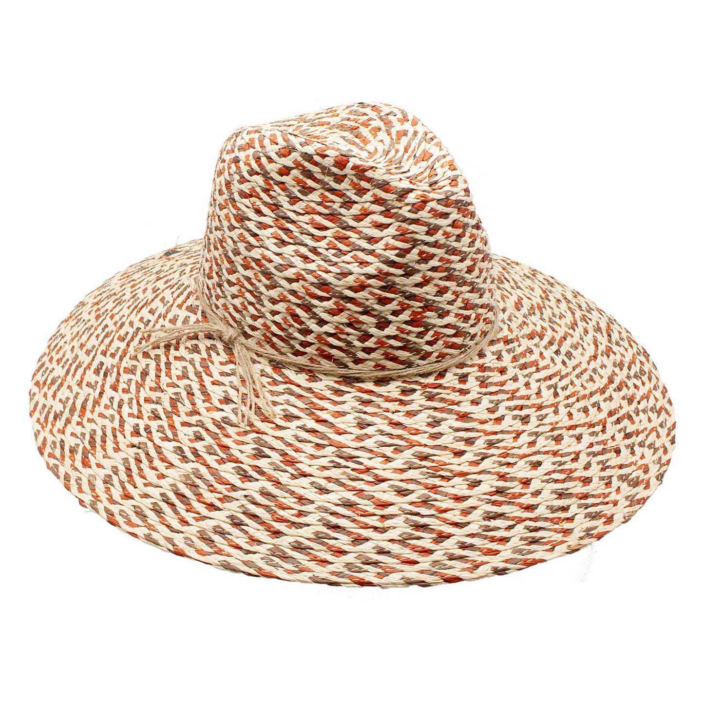 Woven sun hat with red and beige pattern on a white background