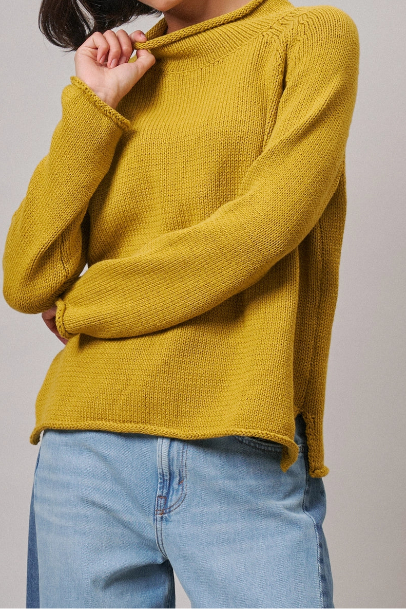 Chartreuse Mock Neck Cotton Knit Sweater