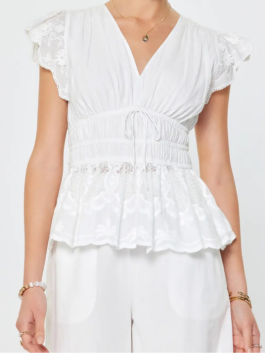 Woman wearing a white ruffled top against a plain background