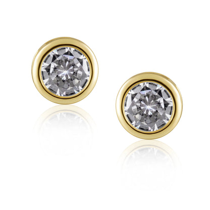 Gold earrings with clear gemstones on a white background