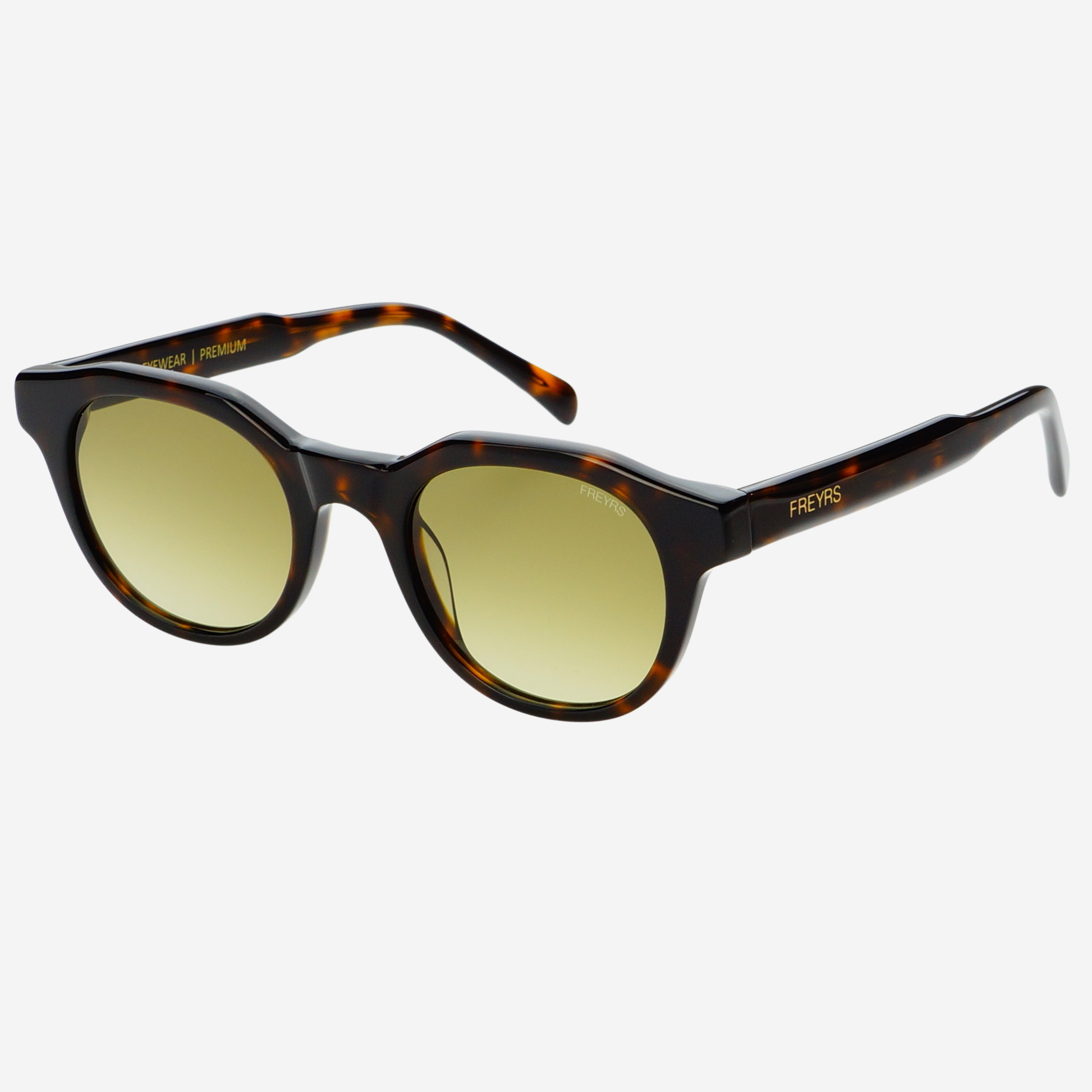 Sunglasses with tortoiseshell frame and gold gradient lenses on a white background
