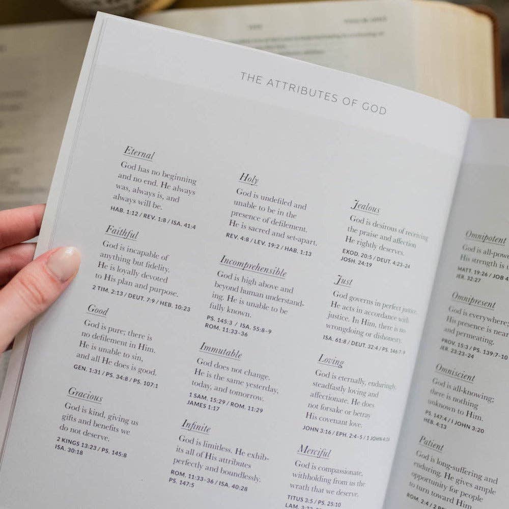 Open book with text on attributes of God held by a hand.