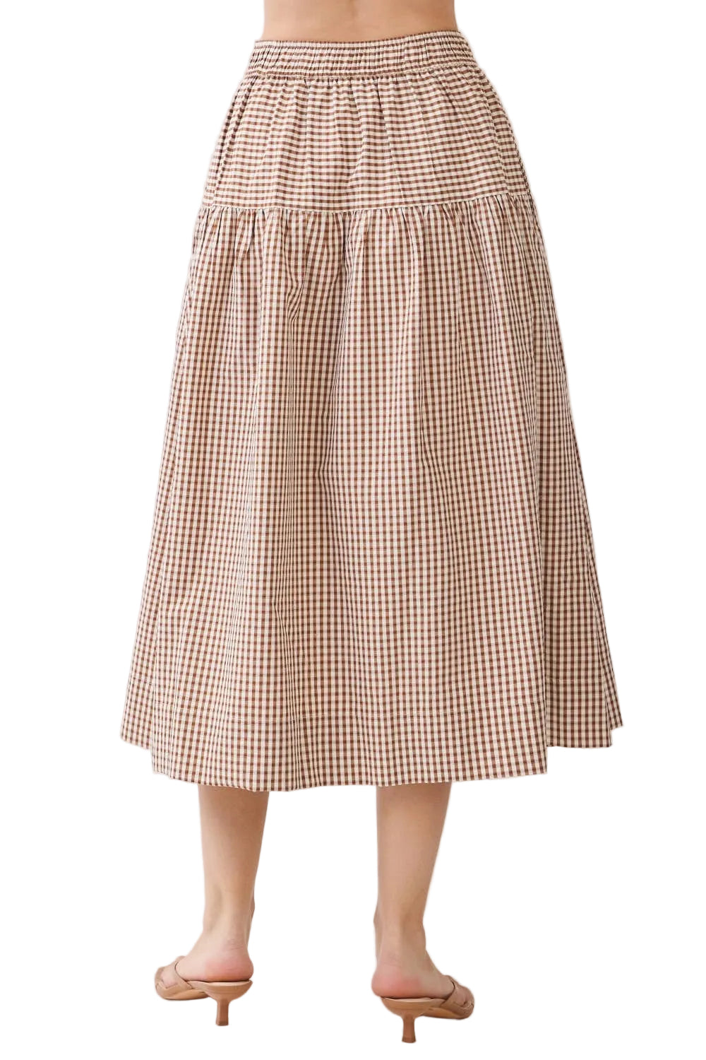 A brown and beige gingham tiered midi skirt worn by a model, shown from the back against a plain light background.