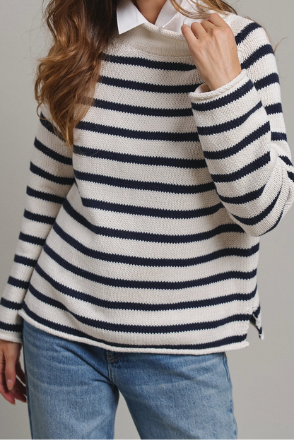Navy Stripe Mock Neck Cotton Knit Sweater