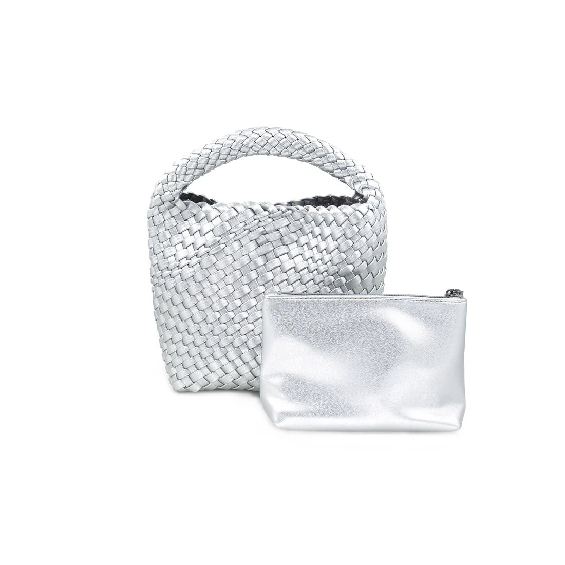 White woven handbag and pouch on a white background