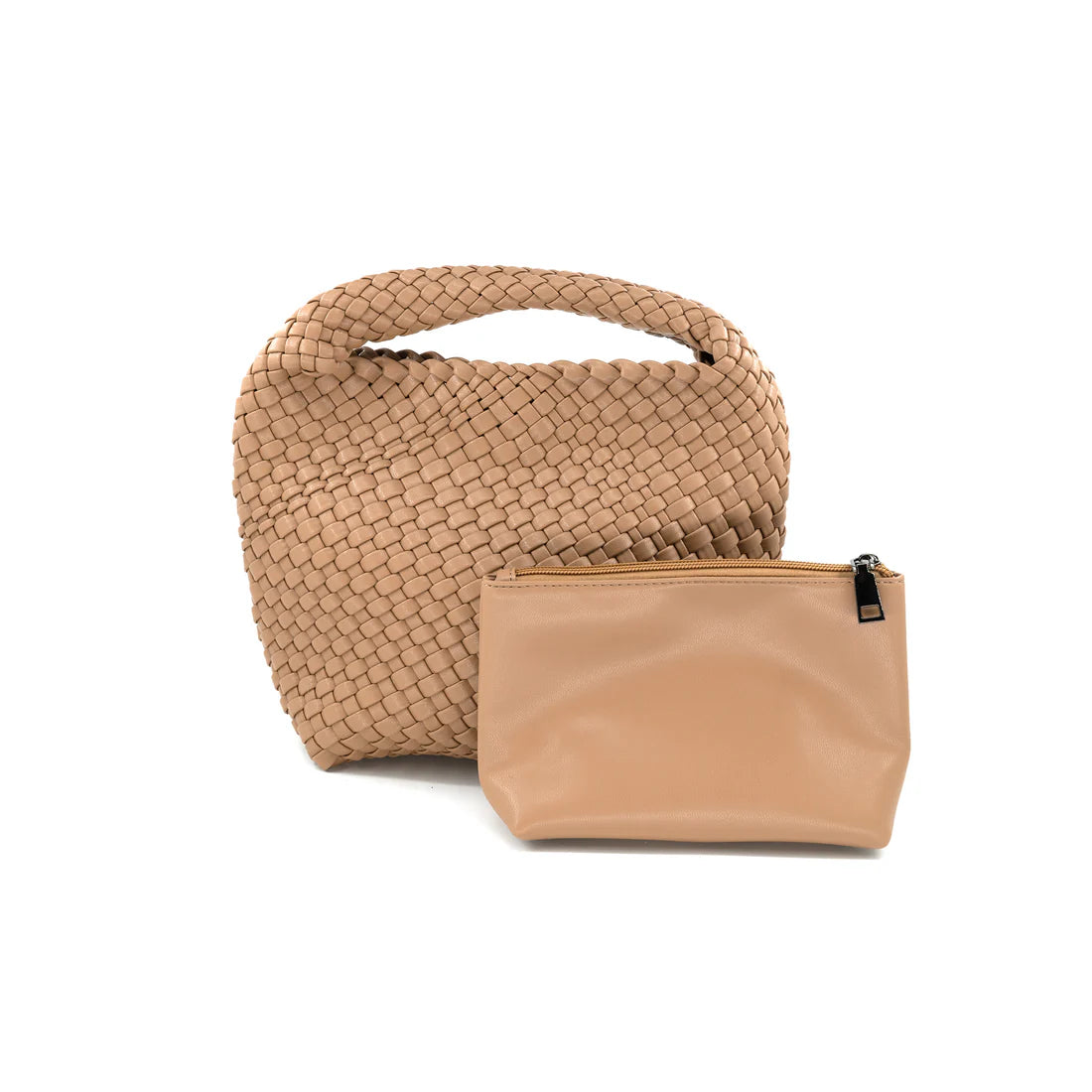 Beige woven handbag and pouch on a white background