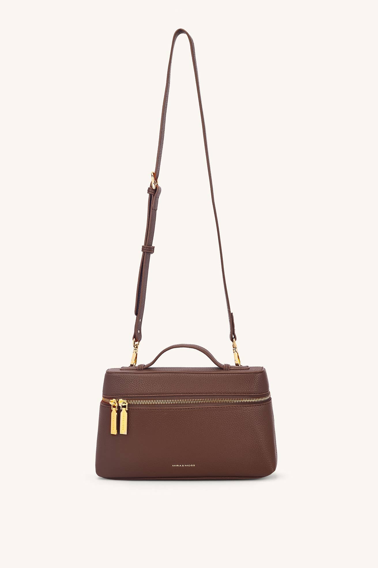 Brown handbag with gold accents on a white background