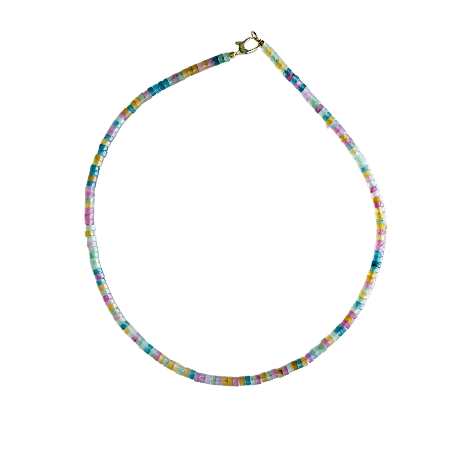 Colorful beaded necklace on a white background