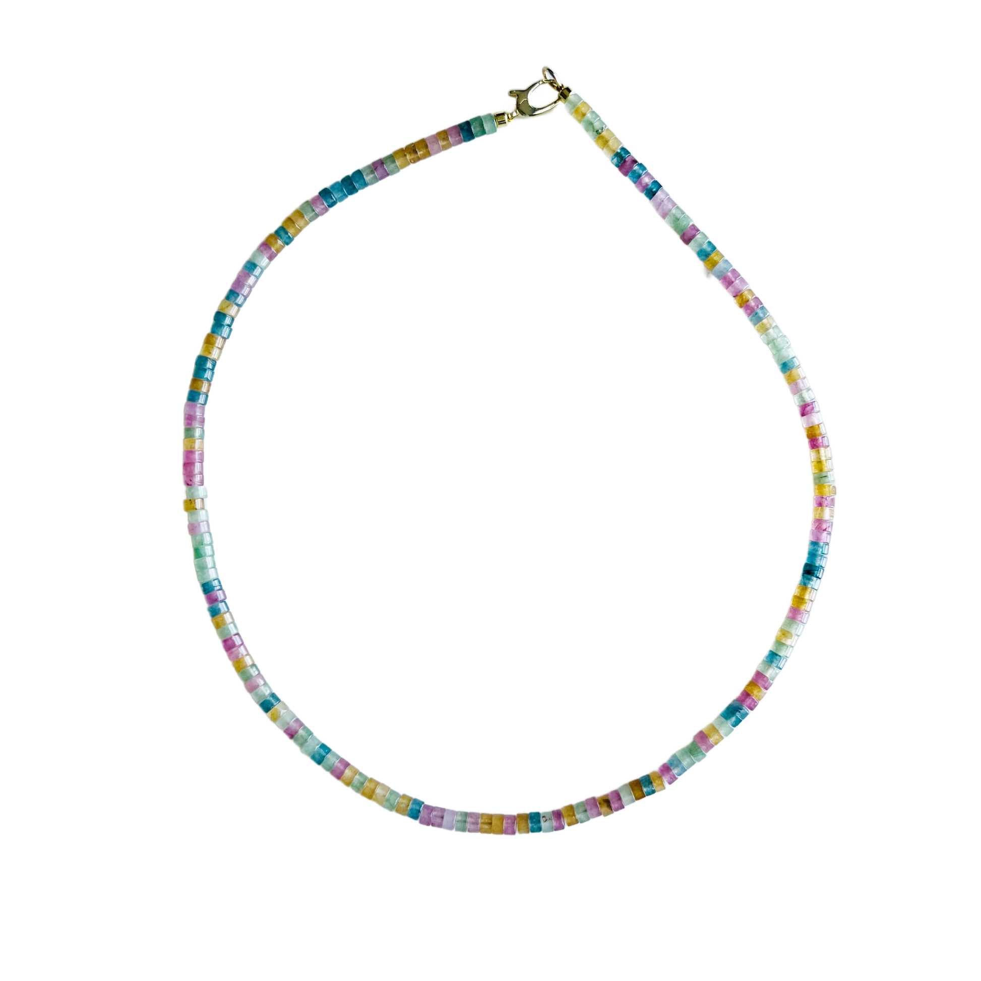 Colorful beaded necklace on a white background