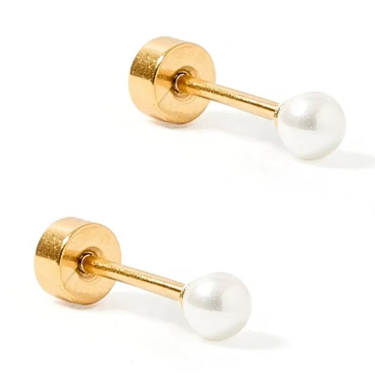 Pair of gold earrings with white pearls on a white background