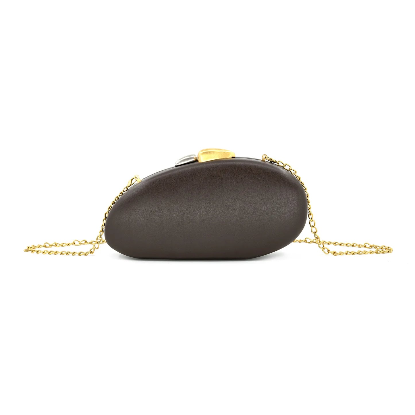 Oval Clasp Chain Clutch -Beige & Brown