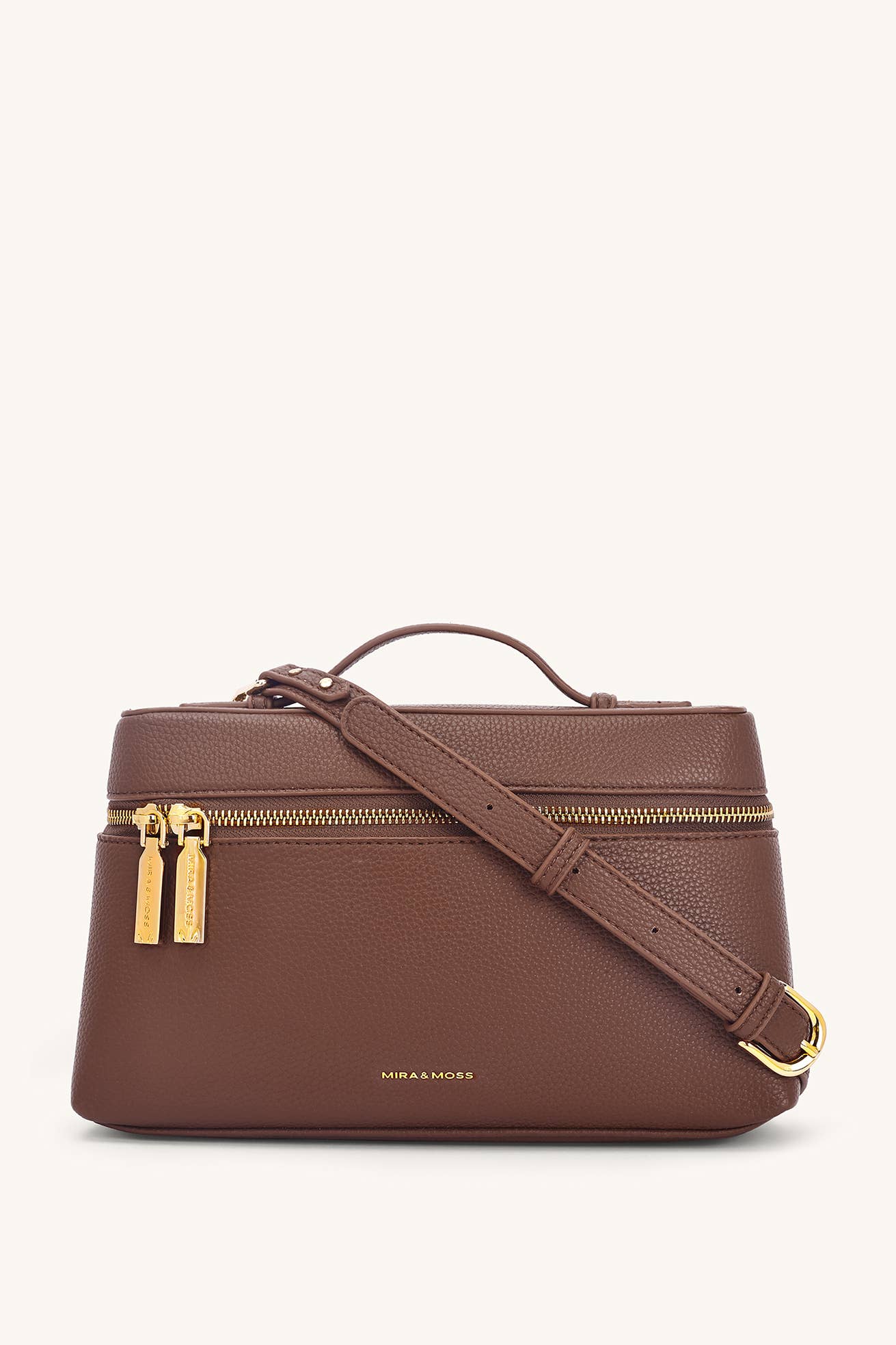 Brown handbag with gold zippers and strap on a white background