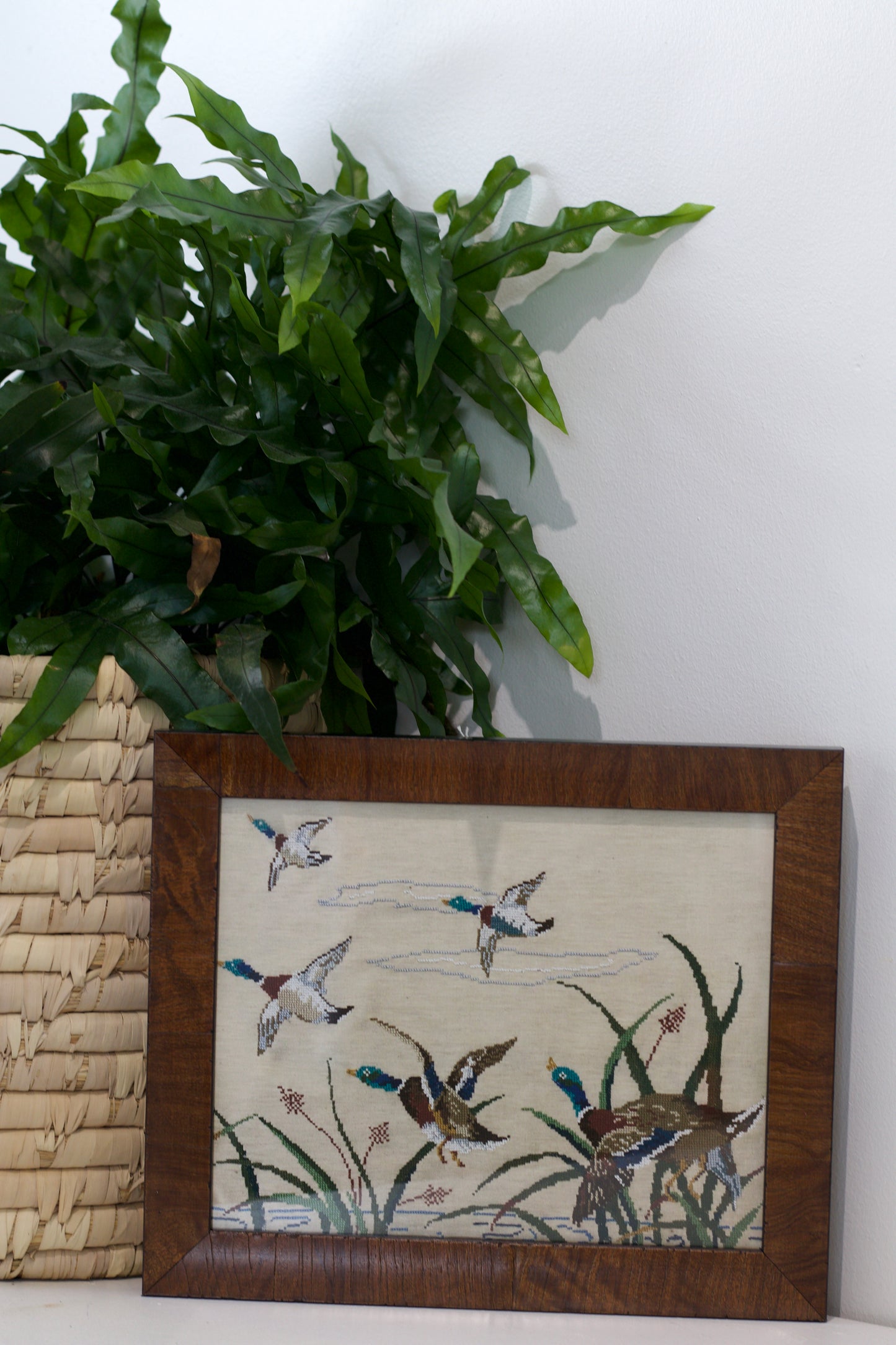 Framed Vintage Mallard Needlework Reproduction in Walnut Burl Frame