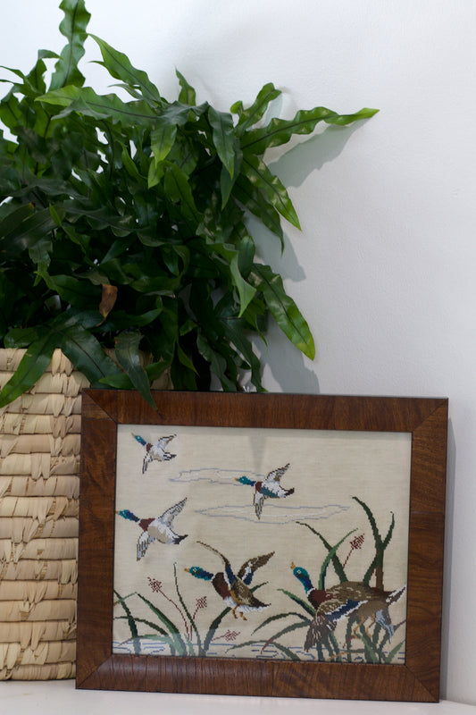 Framed Vintage Mallard Needlework Reproduction in Walnut Burl Frame