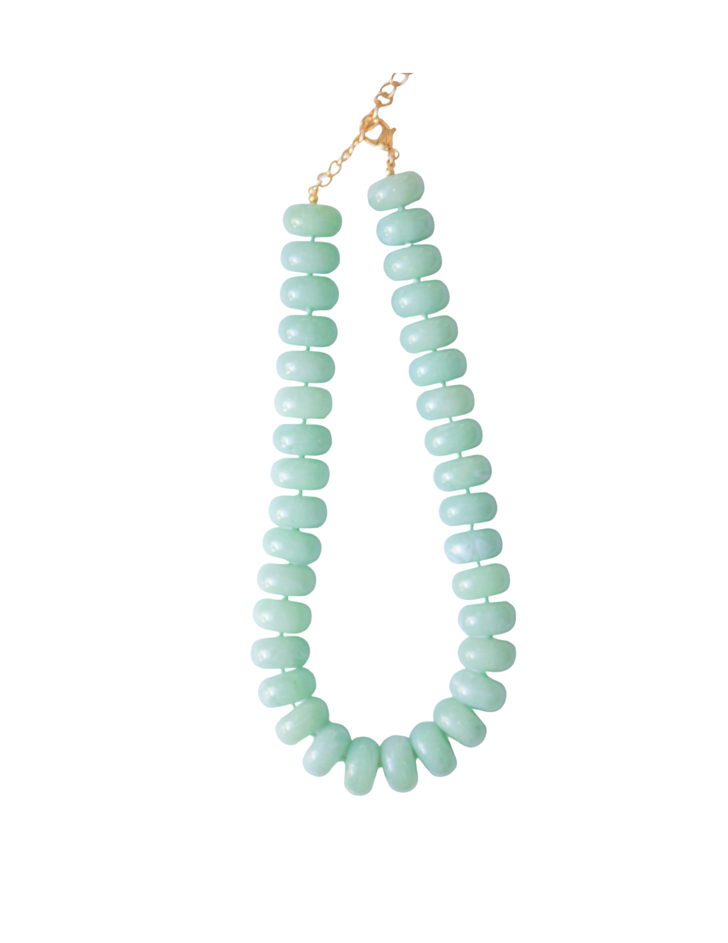 Necklace with light green beads on a white background