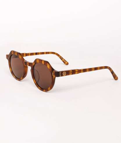 Tortoiseshell sunglasses with brown lenses on a white background